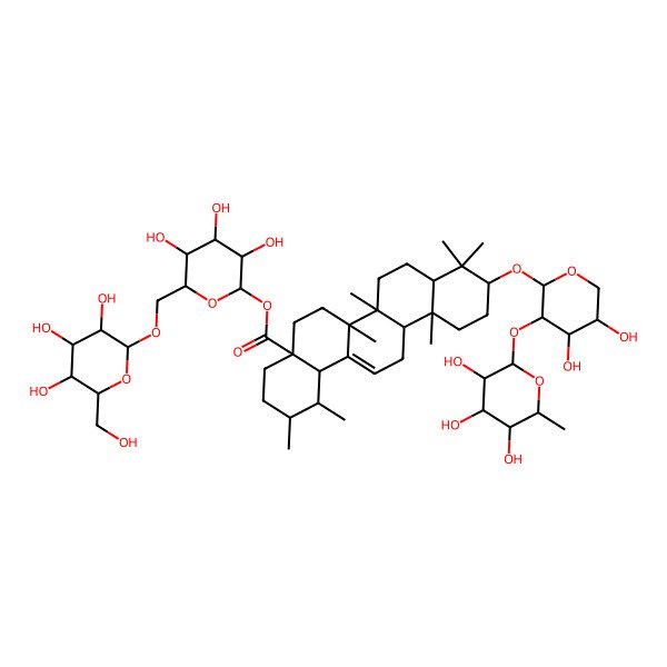 2D Structure of [3,4,5-trihydroxy-6-[[3,4,5-trihydroxy-6-(hydroxymethyl)oxan-2-yl]oxymethyl]oxan-2-yl] 10-[4,5-dihydroxy-3-(3,4,5-trihydroxy-6-methyloxan-2-yl)oxyoxan-2-yl]oxy-1,2,6a,6b,9,9,12a-heptamethyl-2,3,4,5,6,6a,7,8,8a,10,11,12,13,14b-tetradecahydro-1H-picene-4a-carboxylate