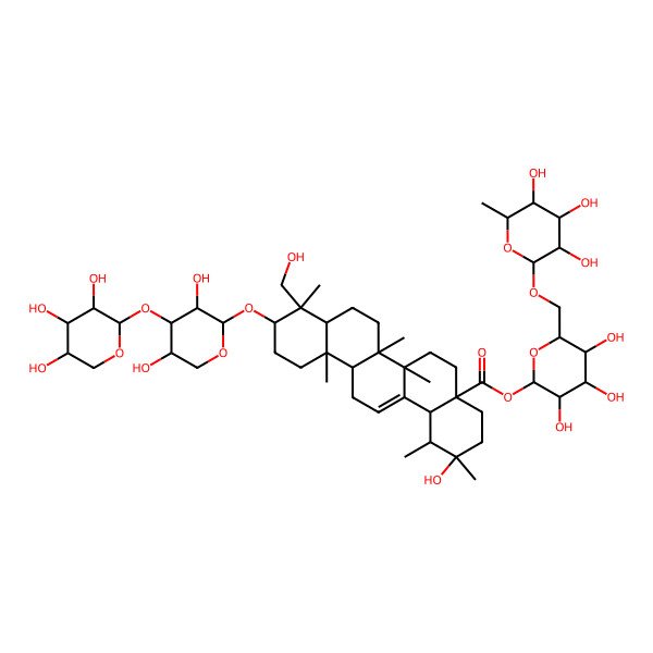 2D Structure of [3,4,5-Trihydroxy-6-[(3,4,5-trihydroxy-6-methyloxan-2-yl)oxymethyl]oxan-2-yl] 10-[3,5-dihydroxy-4-(3,4,5-trihydroxyoxan-2-yl)oxyoxan-2-yl]oxy-2-hydroxy-9-(hydroxymethyl)-1,2,6a,6b,9,12a-hexamethyl-1,3,4,5,6,6a,7,8,8a,10,11,12,13,14b-tetradecahydropicene-4a-carboxylate
