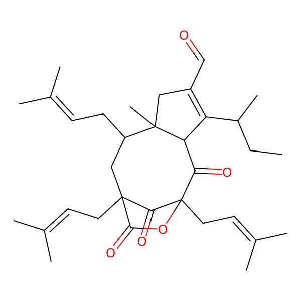 2D Structure of (1S,3R,7R,8S,10R)-4-butan-2-yl-7-methyl-1,8,10-tris(3-methylbut-2-enyl)-2,11,13-trioxo-12-oxatricyclo[8.2.1.03,7]tridec-4-ene-5-carbaldehyde