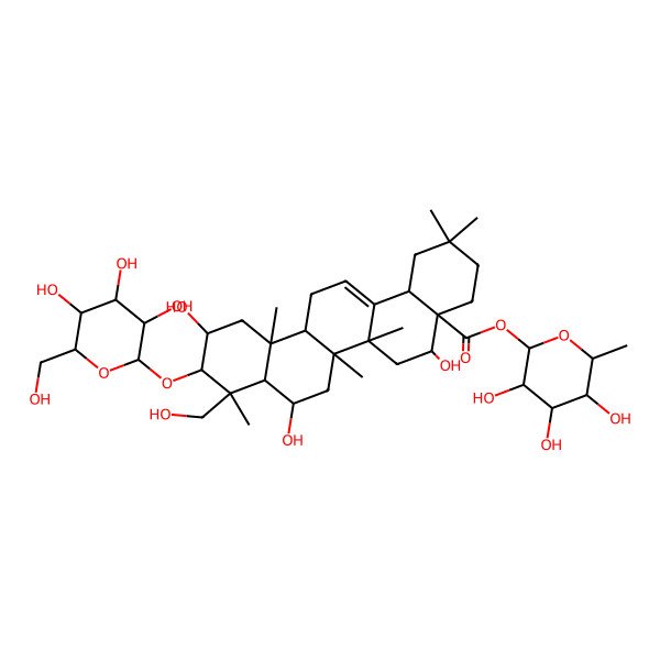 2D Structure of (3,4,5-Trihydroxy-6-methyloxan-2-yl) 5,8,11-trihydroxy-9-(hydroxymethyl)-2,2,6a,6b,9,12a-hexamethyl-10-[3,4,5-trihydroxy-6-(hydroxymethyl)oxan-2-yl]oxy-1,3,4,5,6,6a,7,8,8a,10,11,12,13,14b-tetradecahydropicene-4a-carboxylate