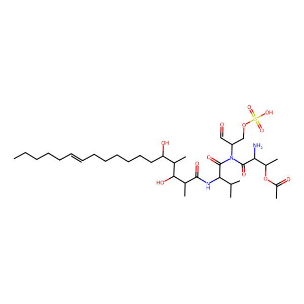 2D Structure of [(2R,3S)-3-amino-4-[[(2S)-2-[[(E,2R,3R,4R,5R)-3,5-dihydroxy-2,4-dimethyloctadec-12-enoyl]amino]-3-methylbutanoyl]-[(2S)-1-oxo-3-sulfooxypropan-2-yl]amino]-4-oxobutan-2-yl] acetate