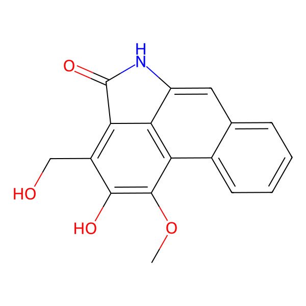 2D Structure of 14-Hydroxy-13-(hydroxymethyl)-15-methoxy-10-azatetracyclo[7.6.1.02,7.012,16]hexadeca-1(16),2,4,6,8,12,14-heptaen-11-one