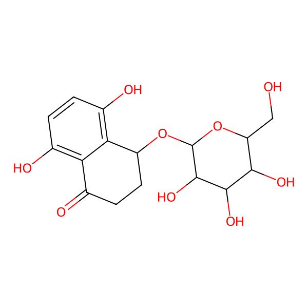 2D Structure of (4S)-5,8-dihydroxy-4-[(2R,3R,4S,5S,6R)-3,4,5-trihydroxy-6-(hydroxymethyl)oxan-2-yl]oxy-3,4-dihydro-2H-naphthalen-1-one