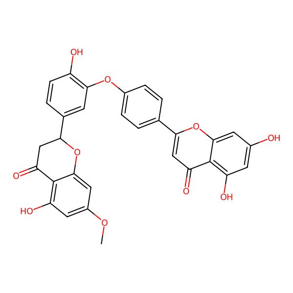 2D Structure of 5,7-Dihydroxy-2-[4-[2-hydroxy-5-(5-hydroxy-7-methoxy-4-oxo-2,3-dihydrochromen-2-yl)phenoxy]phenyl]chromen-4-one