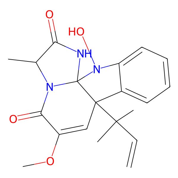 2D Structure of 2-Hydroxy-11-methoxy-14-methyl-9-(2-methylbut-3-en-2-yl)-2,13,16-triazatetracyclo[7.7.0.01,13.03,8]hexadeca-3,5,7,10-tetraene-12,15-dione