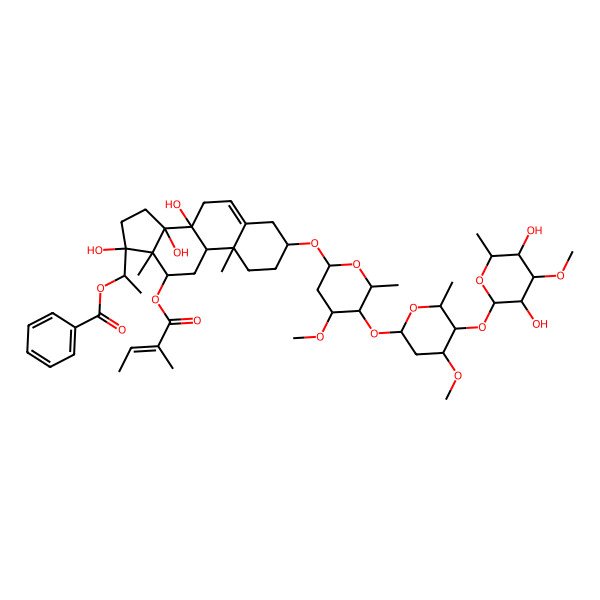 2D Structure of [(1S)-1-[(3S,8S,9R,10R,12R,13R,14R,17S)-3-[(2R,4S,5R,6R)-5-[(2S,4S,5R,6R)-5-[(2S,3R,4R,5R,6R)-3,5-dihydroxy-4-methoxy-6-methyloxan-2-yl]oxy-4-methoxy-6-methyloxan-2-yl]oxy-4-methoxy-6-methyloxan-2-yl]oxy-8,14,17-trihydroxy-10,13-dimethyl-12-[(E)-2-methylbut-2-enoyl]oxy-1,2,3,4,7,9,11,12,15,16-decahydrocyclopenta[a]phenanthren-17-yl]ethyl] benzoate