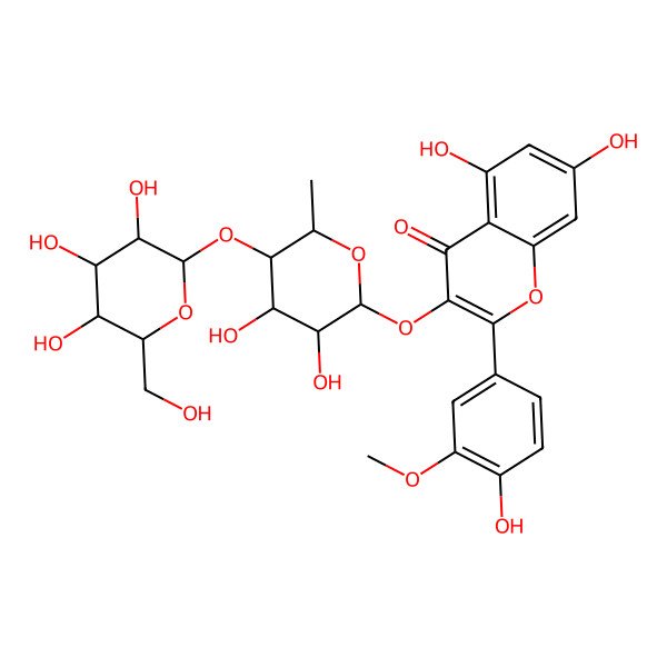 2D Structure of 3-[(2S,3R,4S,5R,6S)-3,4-dihydroxy-6-methyl-5-[(2S,3R,4S,5S,6R)-3,4,5-trihydroxy-6-(hydroxymethyl)oxan-2-yl]oxyoxan-2-yl]oxy-5,7-dihydroxy-2-(4-hydroxy-3-methoxyphenyl)chromen-4-one