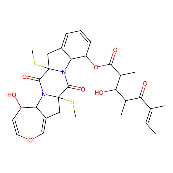 2D Structure of [15-Hydroxy-1,11-bis(methylsulfanyl)-2,12-dioxo-18-oxa-3,13-diazapentacyclo[11.8.0.03,11.04,9.014,20]henicosa-6,8,16,19-tetraen-5-yl] 3-hydroxy-2,4,6-trimethyl-5-oxooct-6-enoate