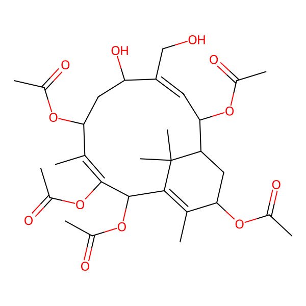 2D Structure of [(2R,3E,5S,7S,8Z,10S,11R,13S)-2,3,5,10-tetraacetyloxy-7-hydroxy-8-(hydroxymethyl)-4,14,15,15-tetramethyl-13-bicyclo[9.3.1]pentadeca-1(14),3,8-trienyl] acetate