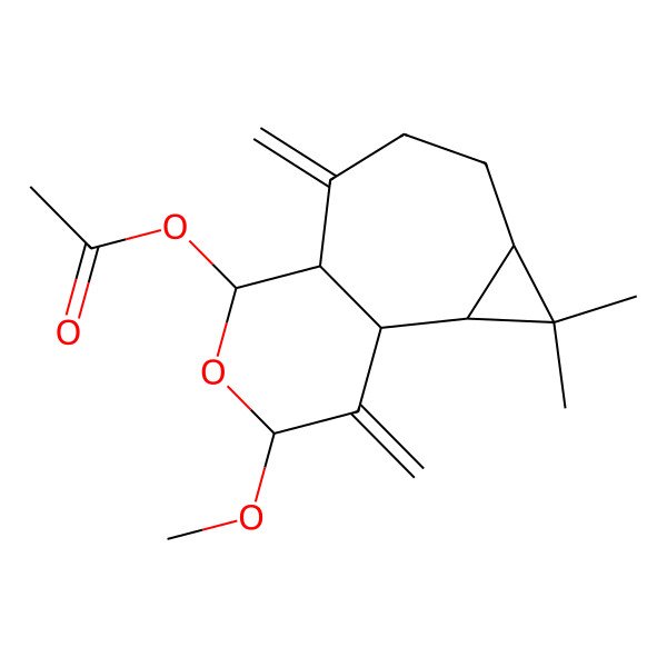 2D Structure of [(1R,2S,4S,8R,9R,11R)-11-methoxy-3,3-dimethyl-7,12-dimethylidene-10-oxatricyclo[6.4.0.02,4]dodecan-9-yl] acetate