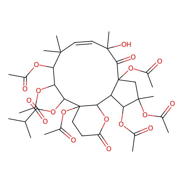 2D Structure of (3,4,6,12,13,15-Hexaacetyloxy-8-hydroxy-4,8,11,11-tetramethyl-7,18-dioxo-19-oxatricyclo[13.4.0.02,6]nonadec-9-en-14-yl) 2-methylpropanoate