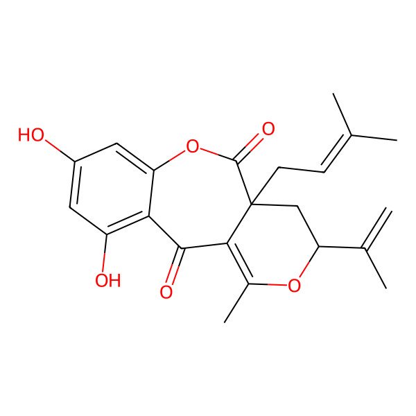2D Structure of (3S,4aS)-8,10-dihydroxy-1-methyl-4a-(3-methylbut-2-enyl)-3-prop-1-en-2-yl-3,4-dihydropyrano[4,3-c][1]benzoxepine-5,11-dione