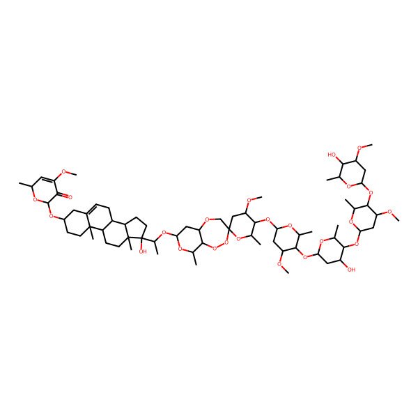 2D Structure of (2R,6R)-6-[[(3S,8R,9S,10R,13S,14S,17R)-17-[(1S)-1-[(3S,4'R,5'R,5aR,6'R,7S,9R,9aR)-5'-[(2S,4S,5R,6R)-5-[(2S,4R,5S,6R)-4-hydroxy-5-[(2S,4S,5R,6R)-5-[(2S,4S,5R,6R)-5-hydroxy-4-methoxy-6-methyloxan-2-yl]oxy-4-methoxy-6-methyloxan-2-yl]oxy-6-methyloxan-2-yl]oxy-4-methoxy-6-methyloxan-2-yl]oxy-4'-methoxy-6',9-dimethylspiro[4,5a,6,7,9,9a-hexahydropyrano[3,4-c][1,2,5]trioxepine-3,2'-oxane]-7-yl]oxyethyl]-17-hydroxy-10,13-dimethyl-1,2,3,4,7,8,9,11,12,14,15,16-dodecahydrocyclopenta[a]phenanthren-3-yl]oxy]-4-methoxy-2-methyl-2H-pyran-5-one