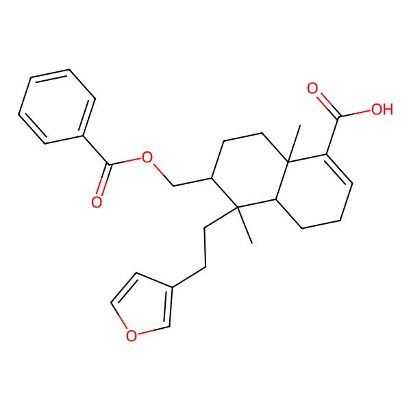 2D Structure of (4aS,5S,6S,8aS)-6-(benzoyloxymethyl)-5-[2-(furan-3-yl)ethyl]-5,8a-dimethyl-3,4,4a,6,7,8-hexahydronaphthalene-1-carboxylic acid