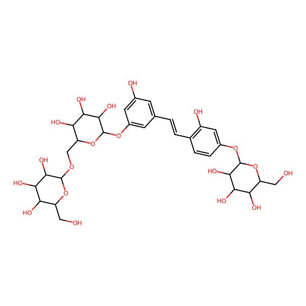 2D Structure of (2R,3S,4S,5R,6R)-2-(hydroxymethyl)-6-[[(2R,3S,4S,5R,6S)-3,4,5-trihydroxy-6-[3-hydroxy-5-[(E)-2-[2-hydroxy-4-[(2S,3R,4S,5S,6R)-3,4,5-trihydroxy-6-(hydroxymethyl)oxan-2-yl]oxyphenyl]ethenyl]phenoxy]oxan-2-yl]methoxy]oxane-3,4,5-triol
