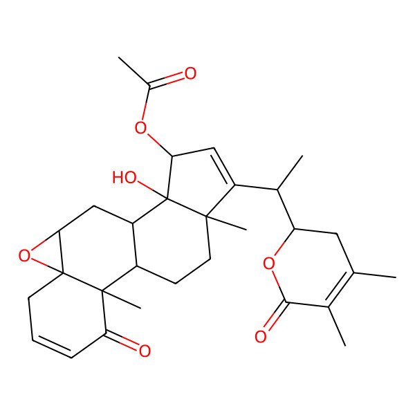 2D Structure of Ergosta-2,16,24-trien-26-oic acid, 15-(acetyloxy)-5,6-epoxy-14,22-dihydroxy-1-oxo-, delta-lactone, (5beta,6beta,15alpha,22R)-