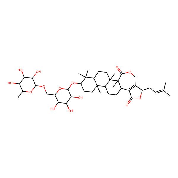 2D Structure of 15,16-Secodammara-17(20),24-diene-15,16-dioic acid, 3-[[6-O-(6-deoxy-I+/--L-mannopyranosyl)-I(2)-D-glucopyranosyl]oxy]-21,22-dihydroxy-, 15,21:16,22-dilactone, (3I(2),14I(2),22R)-