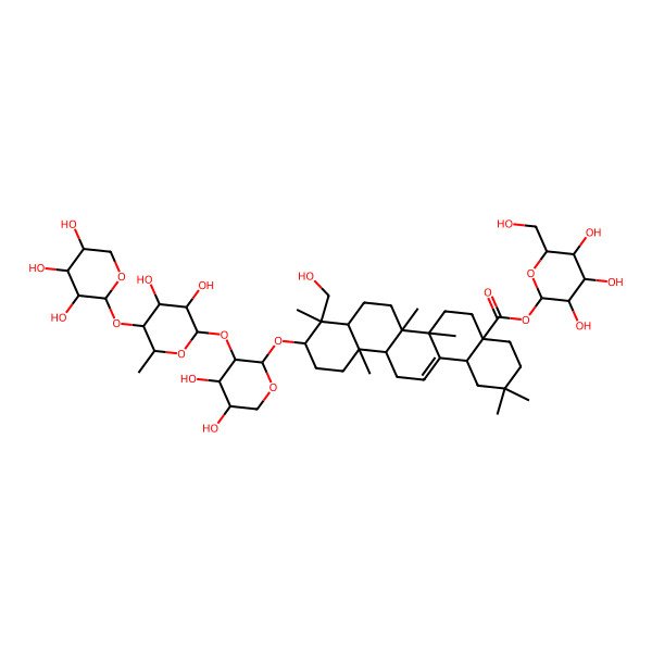 2D Structure of [(2S,3R,4S,5S,6R)-3,4,5-trihydroxy-6-(hydroxymethyl)oxan-2-yl] (4aS,6aR,6aS,6bR,8aR,9R,10S,12aR,14bS)-10-[(2S,3R,4S,5R)-3-[(2S,3R,4S,5R,6S)-3,4-dihydroxy-6-methyl-5-[(2S,3R,4S,5R)-3,4,5-trihydroxyoxan-2-yl]oxyoxan-2-yl]oxy-4,5-dihydroxyoxan-2-yl]oxy-9-(hydroxymethyl)-2,2,6a,6b,9,12a-hexamethyl-1,3,4,5,6,6a,7,8,8a,10,11,12,13,14b-tetradecahydropicene-4a-carboxylate