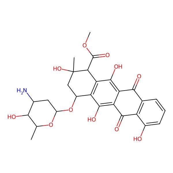 2D Structure of methyl 4-(4-amino-5-hydroxy-6-methyloxan-2-yl)oxy-2,5,7,12-tetrahydroxy-2-methyl-6,11-dioxo-3,4-dihydro-1H-tetracene-1-carboxylate