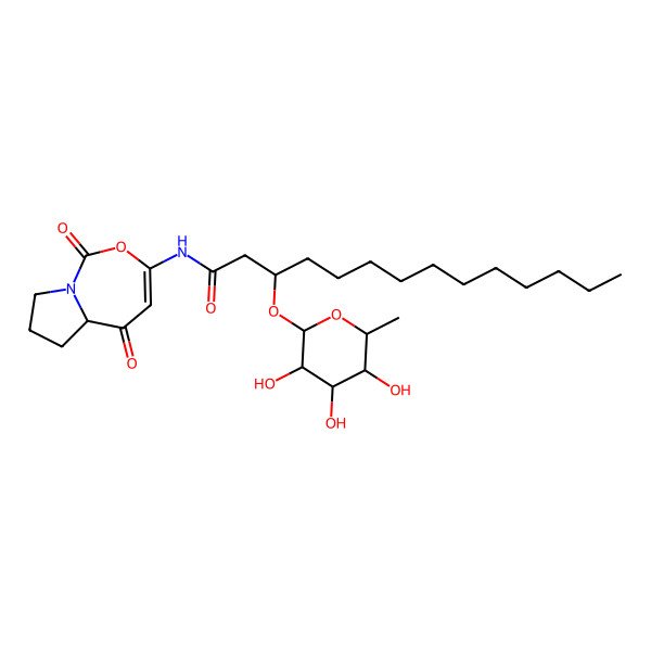 2D Structure of N-(1,5-dioxo-5a,6,7,8-tetrahydropyrrolo[1,2-c][1,3]oxazepin-3-yl)-3-(3,4,5-trihydroxy-6-methyloxan-2-yl)oxytetradecanamide