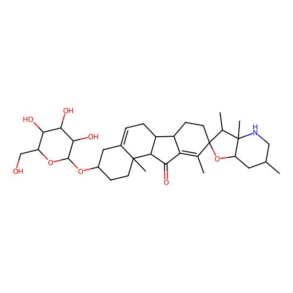 2D Structure of (3S,3'R,3'aS,6'S,6aS,6bS,7'aR,9R,11aS,11bR)-3',3'a,6',10,11b-pentamethyl-3-[(2R,3R,4S,5S,6R)-3,4,5-trihydroxy-6-(hydroxymethyl)oxan-2-yl]oxyspiro[1,2,3,4,6,6a,6b,7,8,11a-decahydrobenzo[a]fluorene-9,2'-3,4,5,6,7,7a-hexahydrofuro[3,2-b]pyridine]-11-one