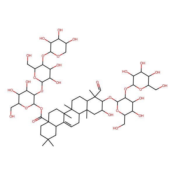 2D Structure of [3-[3,4-Dihydroxy-6-(hydroxymethyl)-5-(3,4,5-trihydroxyoxan-2-yl)oxyoxan-2-yl]oxy-4,5-dihydroxy-6-(hydroxymethyl)oxan-2-yl] 10-[4,5-dihydroxy-6-(hydroxymethyl)-3-[3,4,5-trihydroxy-6-(hydroxymethyl)oxan-2-yl]oxyoxan-2-yl]oxy-9-formyl-11-hydroxy-2,2,6a,6b,9,12a-hexamethyl-1,3,4,5,6,6a,7,8,8a,10,11,12,13,14b-tetradecahydropicene-4a-carboxylate