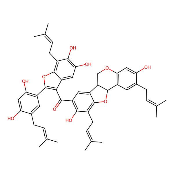 2D Structure of [3,9-dihydroxy-2,10-bis(3-methylbut-2-enyl)-6a,11a-dihydro-6H-[1]benzofuro[3,2-c]chromen-8-yl]-[2-[2,4-dihydroxy-5-(3-methylbut-2-enyl)phenyl]-5,6-dihydroxy-7-(3-methylbut-2-enyl)-1-benzofuran-3-yl]methanone