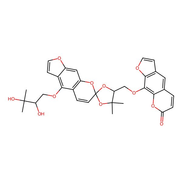 2D Structure of 9-[[(2S,4R)-4'-(2,3-dihydroxy-3-methylbutoxy)-5,5-dimethylspiro[1,3-dioxolane-2,7'-furo[3,2-g]chromene]-4-yl]methoxy]furo[3,2-g]chromen-7-one