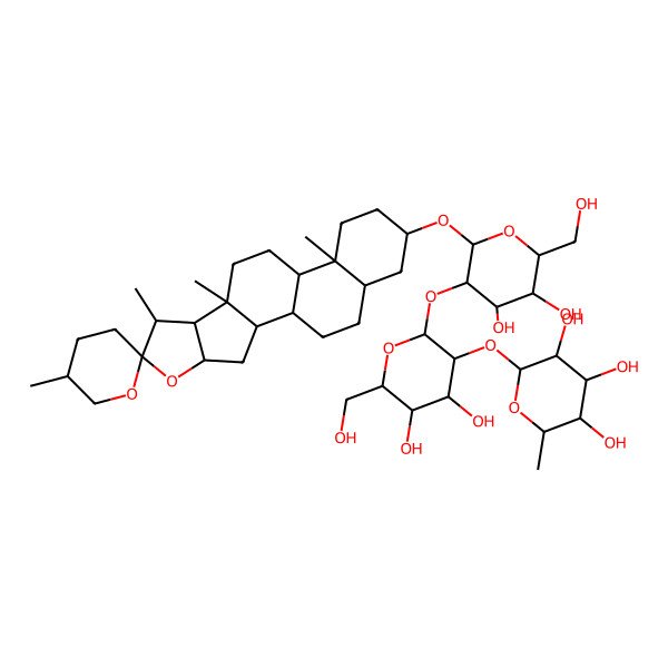 2D Structure of (2S,3R,4R,5R,6S)-2-[(2S,3R,4S,5S,6R)-2-[(2R,3R,4S,5S,6R)-4,5-dihydroxy-6-(hydroxymethyl)-2-[(1R,2S,4S,5'S,6R,7S,8R,9S,12S,13S,16S,18R)-5',7,9,13-tetramethylspiro[5-oxapentacyclo[10.8.0.02,9.04,8.013,18]icosane-6,2'-oxane]-16-yl]oxyoxan-3-yl]oxy-4,5-dihydroxy-6-(hydroxymethyl)oxan-3-yl]oxy-6-methyloxane-3,4,5-triol