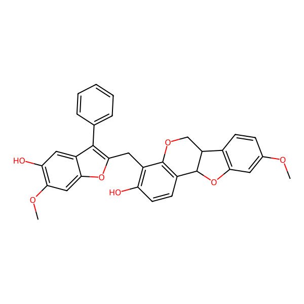2D Structure of (6aS,11aS)-4-[(5-hydroxy-6-methoxy-3-phenyl-1-benzofuran-2-yl)methyl]-9-methoxy-6a,11a-dihydro-6H-[1]benzofuro[3,2-c]chromen-3-ol
