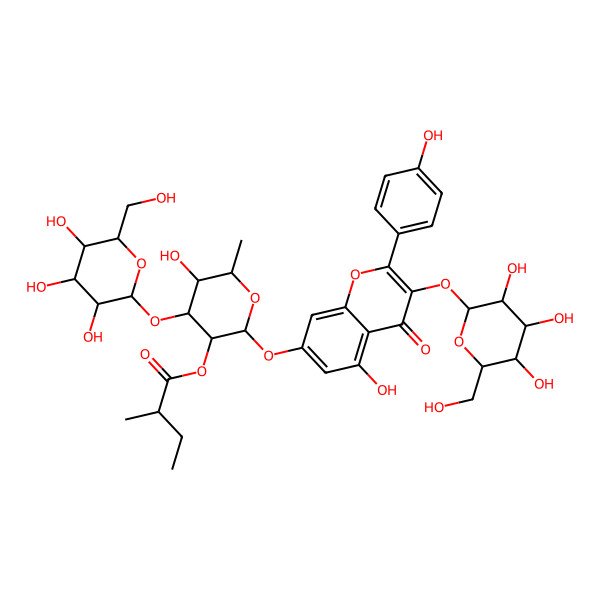 2D Structure of [(2S,3R,4R,5S,6S)-5-hydroxy-2-[5-hydroxy-2-(4-hydroxyphenyl)-4-oxo-3-[(2S,3R,4S,5S,6R)-3,4,5-trihydroxy-6-(hydroxymethyl)oxan-2-yl]oxychromen-7-yl]oxy-6-methyl-4-[(2S,3R,4S,5S,6R)-3,4,5-trihydroxy-6-(hydroxymethyl)oxan-2-yl]oxyoxan-3-yl] (2S)-2-methylbutanoate