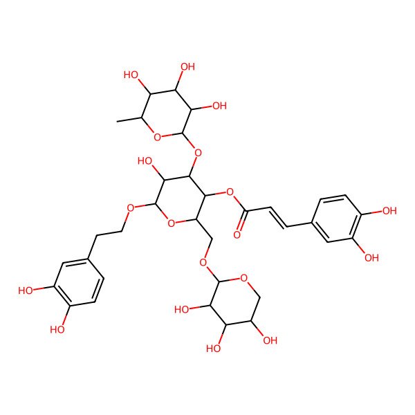2D Structure of [(2R,3R,4R,5R,6R)-6-[2-(3,4-dihydroxyphenyl)ethoxy]-5-hydroxy-4-[(2S,3R,4R,5R,6S)-3,4,5-trihydroxy-6-methyloxan-2-yl]oxy-2-[[(2R,3S,4R,5R)-3,4,5-trihydroxyoxan-2-yl]oxymethyl]oxan-3-yl] (E)-3-(3,4-dihydroxyphenyl)prop-2-enoate