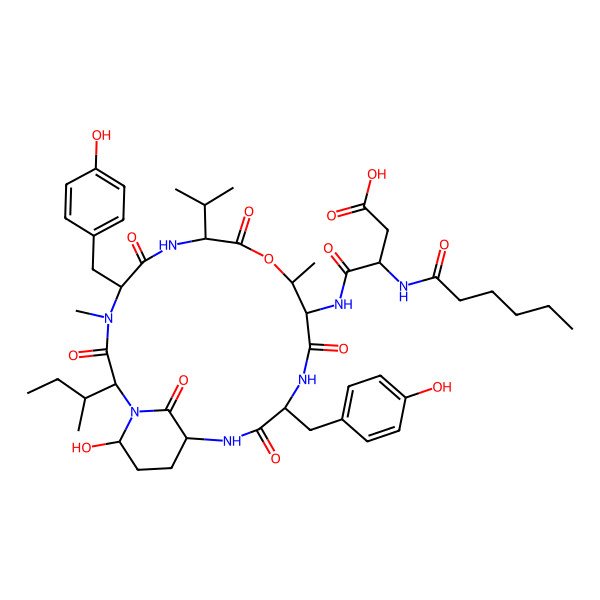 2D Structure of 4-[[2-Butan-2-yl-21-hydroxy-5,15-bis[(4-hydroxyphenyl)methyl]-4,11-dimethyl-3,6,9,13,16,22-hexaoxo-8-propan-2-yl-10-oxa-1,4,7,14,17-pentazabicyclo[16.3.1]docosan-12-yl]amino]-3-(hexanoylamino)-4-oxobutanoic acid