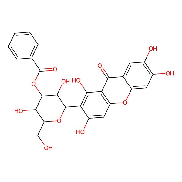 2D Structure of [(2R,3R,4R,5S,6S)-3,5-dihydroxy-2-(hydroxymethyl)-6-(1,3,6,7-tetrahydroxy-9-oxoxanthen-2-yl)oxan-4-yl] benzoate