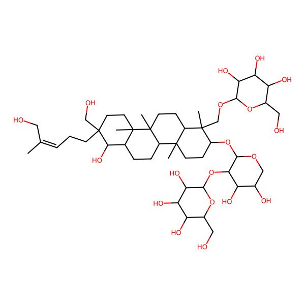 2D Structure of (2R,3R,4S,5S,6R)-2-[[(1R,2S,4aR,4bR,6aS,7R,8R,10aR,10bR,12aR)-2-[(2S,3R,4S,5R)-4,5-dihydroxy-3-[(2S,3R,4S,5S,6R)-3,4,5-trihydroxy-6-(hydroxymethyl)oxan-2-yl]oxyoxan-2-yl]oxy-7-hydroxy-8-(hydroxymethyl)-8-[(Z)-5-hydroxy-4-methylpent-3-enyl]-1,4a,10a,10b-tetramethyl-3,4,4b,5,6,6a,7,9,10,11,12,12a-dodecahydro-2H-chrysen-1-yl]methoxy]-6-(hydroxymethyl)oxane-3,4,5-triol