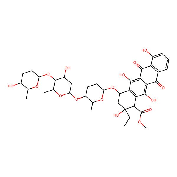 2D Structure of methyl 2-ethyl-2,5,7,12-tetrahydroxy-4-[5-[4-hydroxy-5-(5-hydroxy-6-methyloxan-2-yl)oxy-6-methyloxan-2-yl]oxy-6-methyloxan-2-yl]oxy-6,11-dioxo-3,4-dihydro-1H-tetracene-1-carboxylate