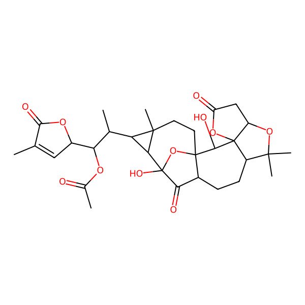 2D Structure of [(1S,2S)-2-[(1R,2S,3S,7R,10S,13R,15S,16S,17R,18R)-2,15-dihydroxy-9,9,18-trimethyl-5,14-dioxo-4,8,21-trioxahexacyclo[13.5.1.01,13.03,7.03,10.016,18]henicosan-17-yl]-1-[(2S)-4-methyl-5-oxo-2H-furan-2-yl]propyl] acetate