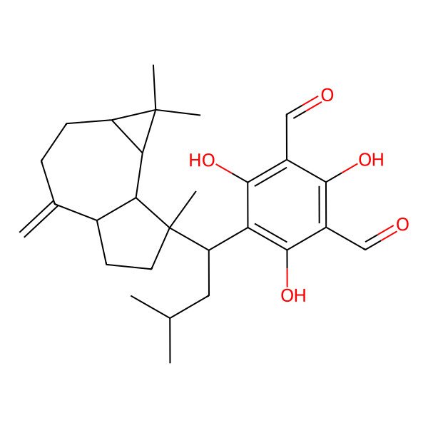 2D Structure of 5-[(1R)-1-[(1aR,4aR,7S,7aR,7bR)-1,1,7-trimethyl-4-methylidene-1a,2,3,4a,5,6,7a,7b-octahydrocyclopropa[h]azulen-7-yl]-3-methylbutyl]-2,4,6-trihydroxybenzene-1,3-dicarbaldehyde