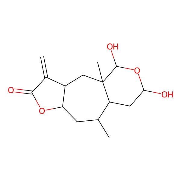 2D Structure of (1S,3R,7R,9R,10S,12R,14S)-12,14-dihydroxy-1,9-dimethyl-4-methylidene-6,13-dioxatricyclo[8.4.0.03,7]tetradecan-5-one