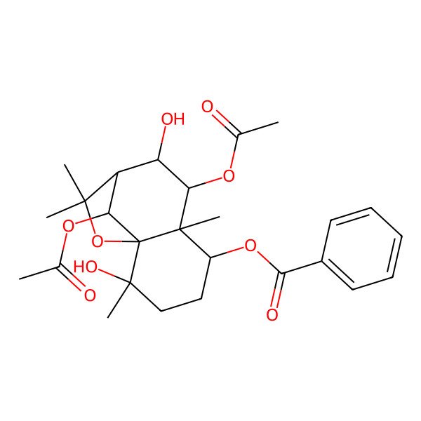 2D Structure of [(1R,2S,5S,6S,7S,8S,9S,12R)-7,12-diacetyloxy-2,8-dihydroxy-2,6,10,10-tetramethyl-11-oxatricyclo[7.2.1.01,6]dodecan-5-yl] benzoate