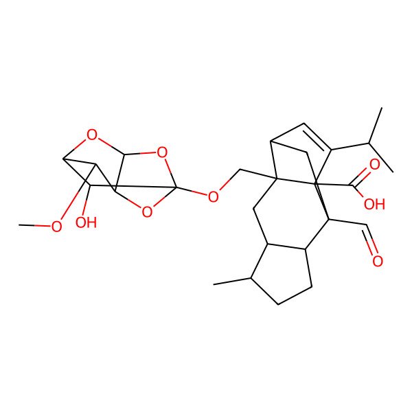 2D Structure of 9-Formyl-2-[(9-hydroxy-8-methoxy-2,4,6-trioxatricyclo[3.3.1.03,7]nonan-5-yl)oxymethyl]-5-methyl-13-propan-2-yltetracyclo[7.4.0.02,11.04,8]tridec-12-ene-1-carboxylic acid