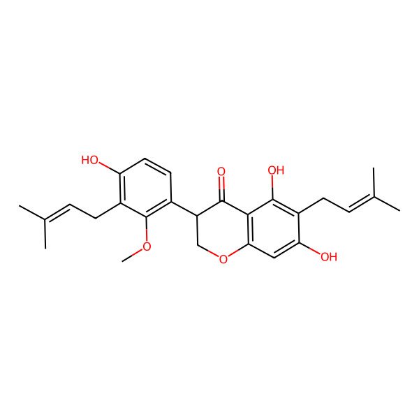 2D Structure of (3R)-5,7-dihydroxy-3-[4-hydroxy-2-methoxy-3-(3-methylbut-2-enyl)phenyl]-6-(3-methylbut-2-enyl)-2,3-dihydrochromen-4-one