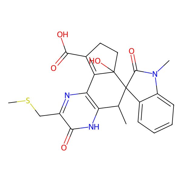 2D Structure of (5S,6S,6aS)-6a-hydroxy-1',5-dimethyl-2-(methylsulfanylmethyl)-2',3-dioxospiro[4,5,7,8-tetrahydrocyclopenta[f]quinoxaline-6,3'-indole]-9-carboxylic acid