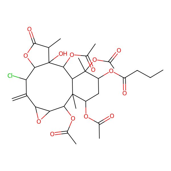 2D Structure of [(1R,2R,3R,5R,7S,8R,11R,12R,13S,14S,15S,16R,18S)-2,13,15,18-tetraacetyloxy-7-chloro-12-hydroxy-1,11,15-trimethyl-6-methylidene-10-oxo-4,9-dioxatetracyclo[12.4.0.03,5.08,12]octadecan-16-yl] butanoate