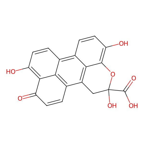 2D Structure of (4S)-4,7,14-trihydroxy-16-oxo-5-oxapentacyclo[9.7.1.12,6.015,19.010,20]icosa-1(19),2(20),6,8,10,12,14,17-octaene-4-carboxylic acid