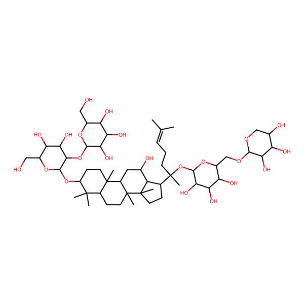 2D Structure of (2S,3R,4S,5S,6R)-2-[(2R,3R,4S,5S,6R)-4,5-dihydroxy-6-(hydroxymethyl)-2-[[(3S,5R,8R,9S,10R,12R,13S,14R,17S)-12-hydroxy-4,4,8,10,14-pentamethyl-17-[(2S)-6-methyl-2-[(2S,3R,4S,5S,6R)-3,4,5-trihydroxy-6-[[(2S,3R,4S,5R)-3,4,5-trihydroxyoxan-2-yl]oxymethyl]oxan-2-yl]oxyhept-5-en-2-yl]-2,3,5,6,7,9,11,12,13,15,16,17-dodecahydro-1H-cyclopenta[a]phenanthren-3-yl]oxy]oxan-3-yl]oxy-6-(hydroxymethyl)oxane-3,4,5-triol