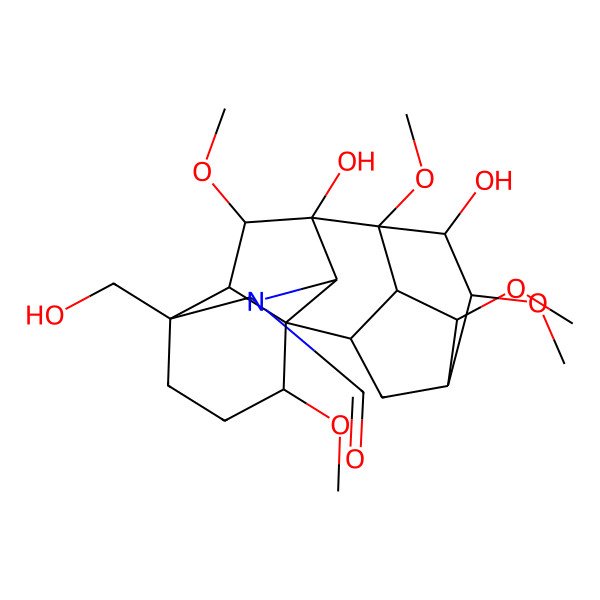 2D Structure of (1S,2R,3R,4S,5S,6R,7R,8S,9S,10S,13S,16S,17R,18S)-7,9-dihydroxy-13-(hydroxymethyl)-4,6,8,16,18-pentamethoxy-11-azahexacyclo[7.7.2.12,5.01,10.03,8.013,17]nonadecane-11-carbaldehyde
