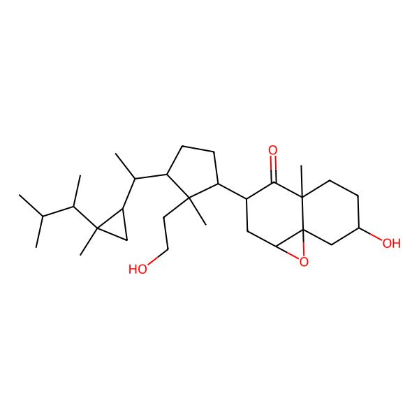 2D Structure of 7-hydroxy-3-[2-(2-hydroxyethyl)-2-methyl-3-[1-[2-methyl-2-(3-methylbutan-2-yl)cyclopropyl]ethyl]cyclopentyl]-4a-methyl-2,3,5,6,7,8-hexahydro-1aH-naphtho[4,4a-b]oxiren-4-one