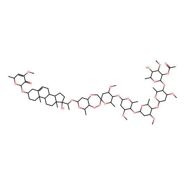 2D Structure of [(2R,3S,4R,5S,6R)-2-[(2R,3R,4R,6S)-6-[(2S,3R,4S,6S)-6-[(2R,3S,4R,6R)-6-[(2'S,3R,3'S,4'S,5aR,7R,9R,9aR)-7-[(1R)-1-[(3R,8S,9R,10S,13S,14R,17R)-17-hydroxy-3-[[(2S,6R)-4-methoxy-2-methyl-5-oxo-2H-pyran-6-yl]oxy]-10,13-dimethyl-1,2,3,4,7,8,9,11,12,14,15,16-dodecahydrocyclopenta[a]phenanthren-17-yl]ethoxy]-4'-methoxy-2',9-dimethylspiro[4,5a,6,7,9,9a-hexahydropyrano[3,4-c][1,2,5]trioxepine-3,6'-oxane]-3'-yl]oxy-4-methoxy-2-methyloxan-3-yl]oxy-4-methoxy-2-methyloxan-3-yl]oxy-4-methoxy-2-methyloxan-3-yl]oxy-5-hydroxy-4-methoxy-6-methyloxan-3-yl] acetate