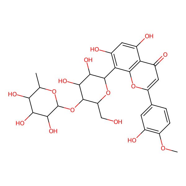2D Structure of 8-[(2S,3R,4R,5S,6S)-3,4-dihydroxy-6-(hydroxymethyl)-5-[(2S,3S,4R,5R,6S)-3,4,5-trihydroxy-6-methyloxan-2-yl]oxyoxan-2-yl]-5,7-dihydroxy-2-(3-hydroxy-4-methoxyphenyl)chromen-4-one